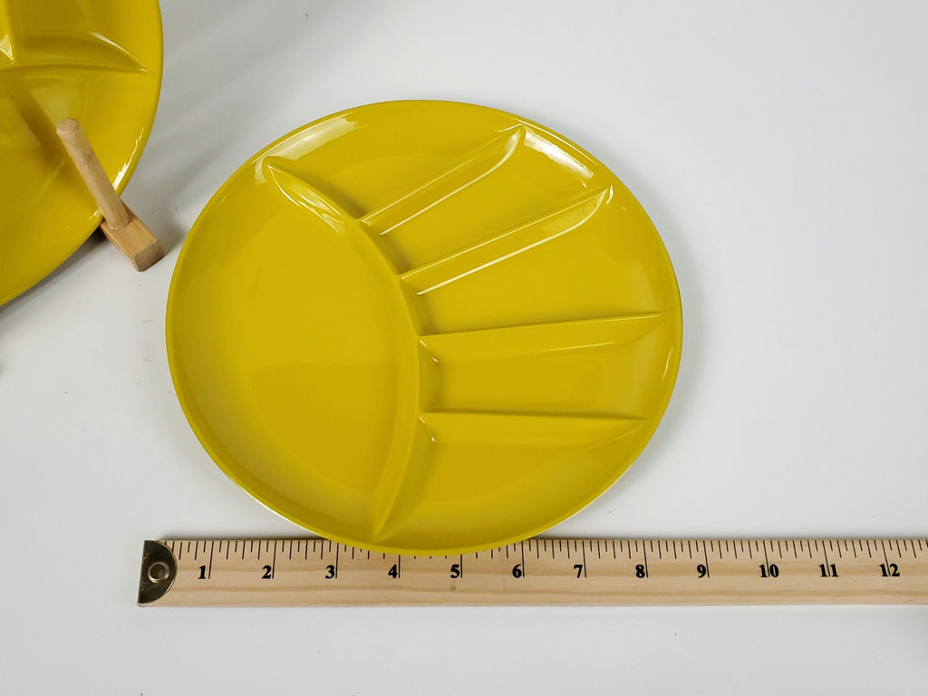Vintage Japanese Chartreuse Yellow Melamine Compartment Fondue Plates - Set of 6 - image 7 of 7