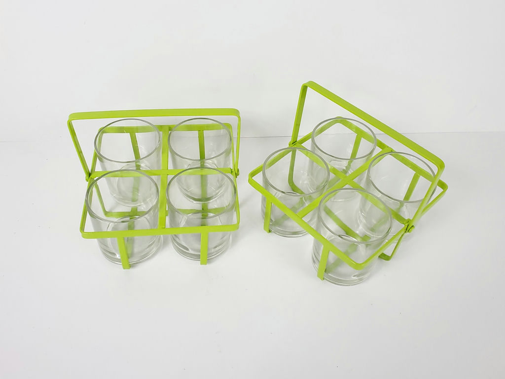 Vintage Mid-Century Lime Green Wire Metal Drinking Glass Carrier Caddy Set - Pair - image 2 of 9
