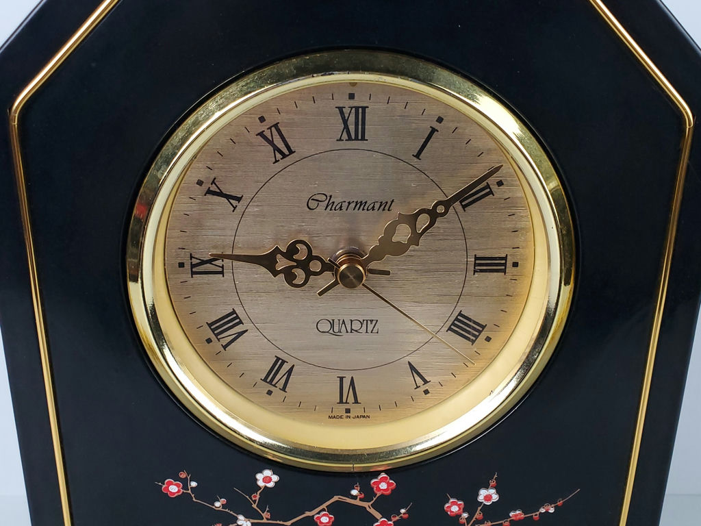 Vintage Charmant Japanese Black Lacquer Floral Mantel Clock - image 2 of 12