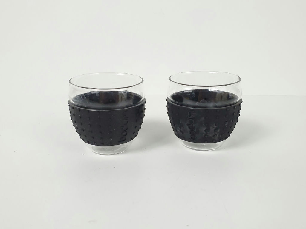 Vintage Bodum Pavina Ribbon Glass Mugs With Black Silicone Grips - Pair - image 1 of 6