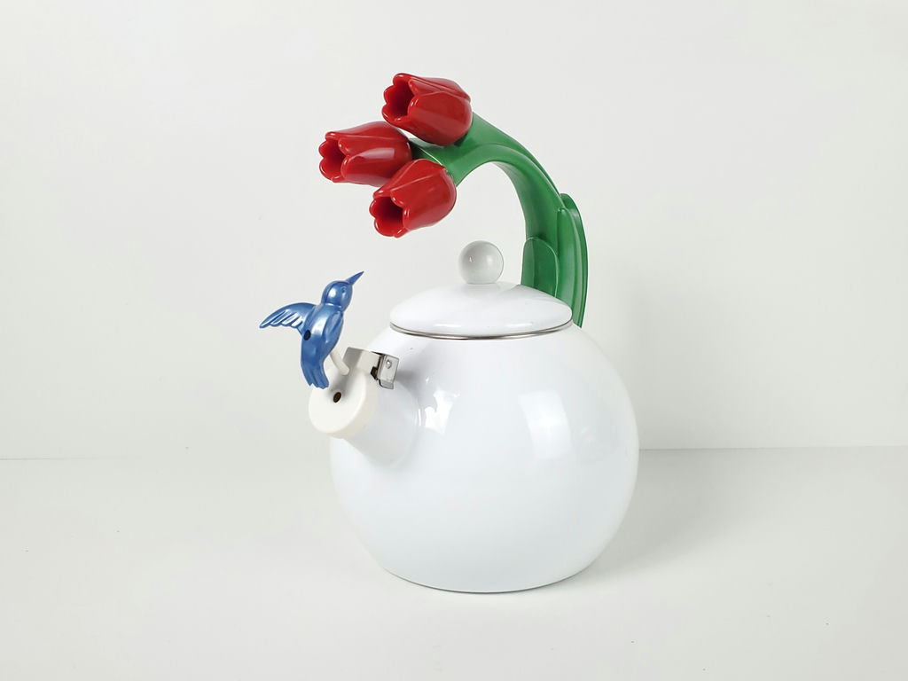 Vintage Ancona Tulip Handle Hummingbird Spout Enamel Whistling Tea Kettle - image 2 of 11