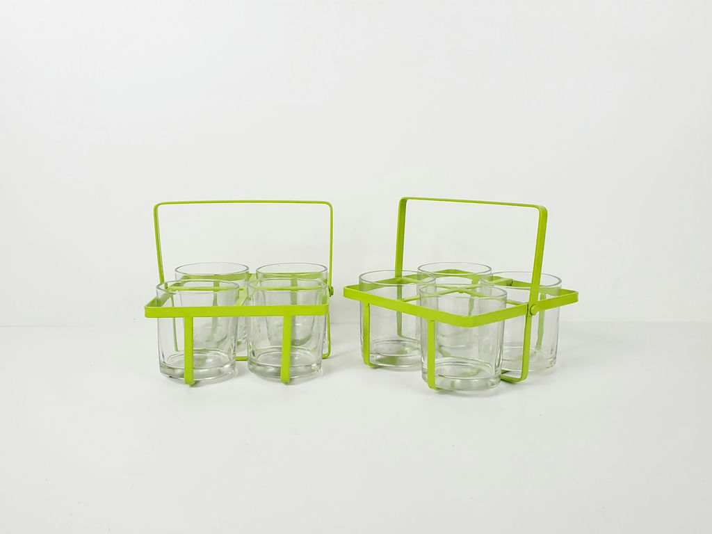 Vintage Mid-Century Lime Green Wire Metal Drinking Glass Carrier Caddy Set - Pair - image 1 of 9