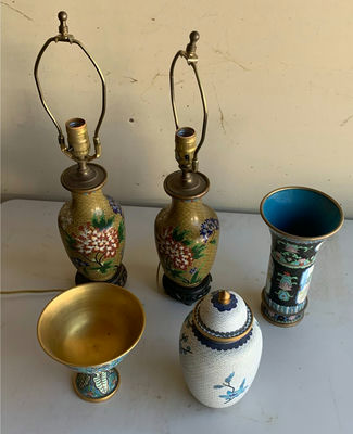 VintageDecorative Enamelware Lamps and Vessels Set - Image 1 of 5