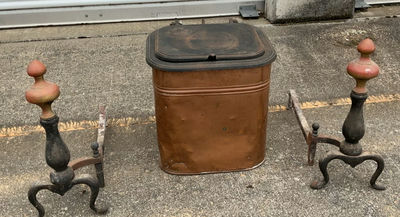 Antique fireplace equipment: pair of andirons and copper kindling or Ash bucket - Image 1 of 5