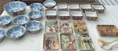 Assorted Asian-style ceramic bowls, decorative boxes, plates, and a round wooden box - Image 1 of 10