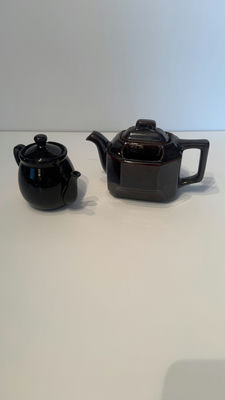 Vintage Single-Serving Ceramic Teapot Lot - Set of 2, Glossy Chocolate Brown & Black Glaze - Image 1 of 8