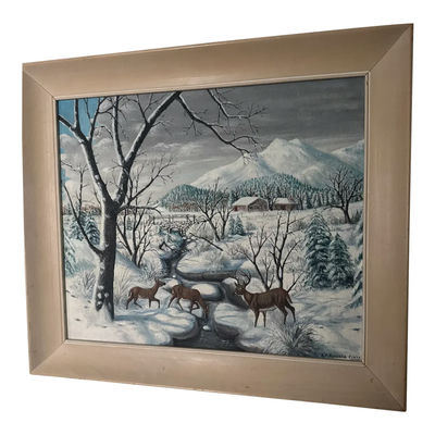Mid 20th Century s.a. Quesada Signed Original Winter Landscape Oil Painting With Deer & Cabin - Image 1 of 4