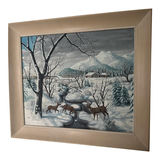 Mid 20th Century s.a. Quesada Signed Original Winter Landscape Oil Painting With Deer & Cabin - thumbnail 1 of 4