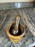 Wood Mortar & Pestle with Blue Glass Cruets and Double-Spout Decanter - thumbnail 1 of 3