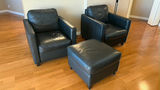Pair of Blue Leather Armchairs with Matching Ottoman - thumbnail 1 of 1