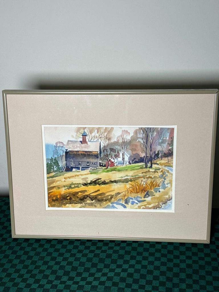 Framed watercolor landscape with farmhouse - image 1 of 7