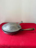 Vintage round crumb pan with wooden handle and lid; circular storage tin with brush - thumbnail 1 of 4