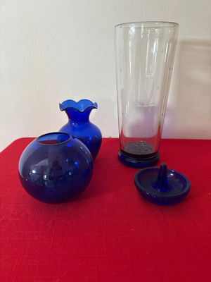 Blue Glass Vases and Tall Etched Hurricane pilsner goass - Image 1 of 3