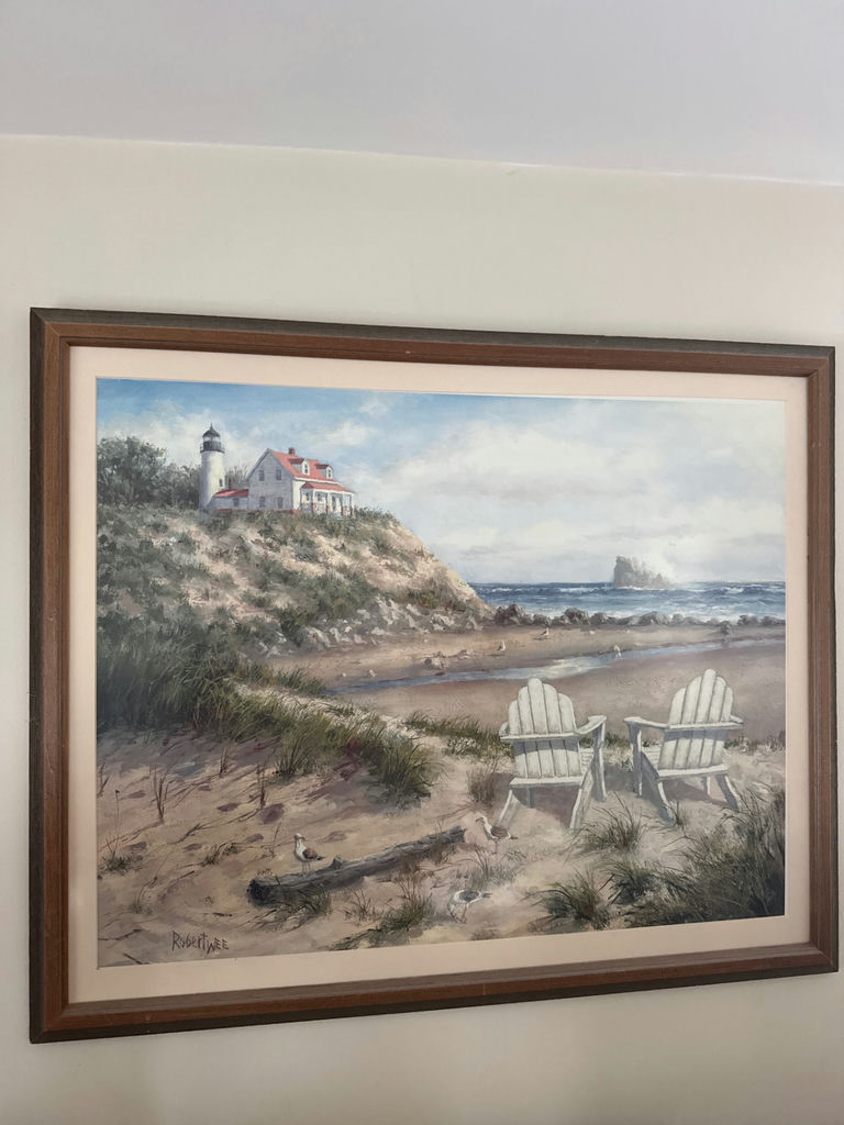 Robert Wee - Coastal painting with lighthouse, house and chairs - image 2 of 3