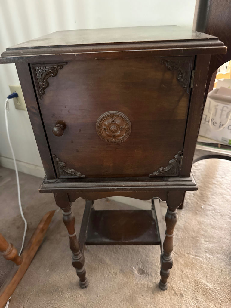 Antique dark wood end table with cabinet - image 2 of 4