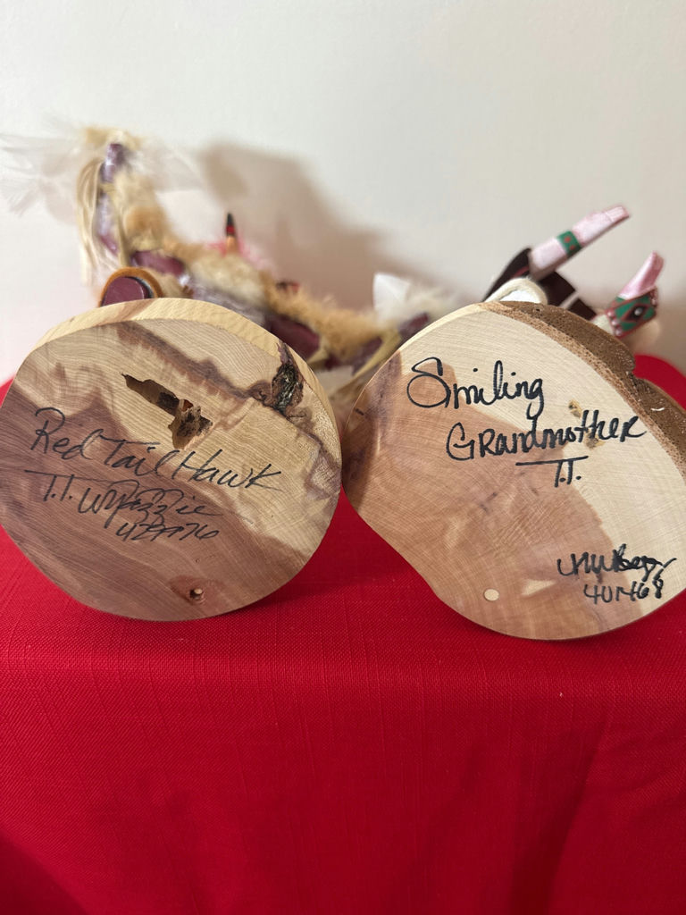 Kachina-style carved dolls with feather decorations - image 4 of 4