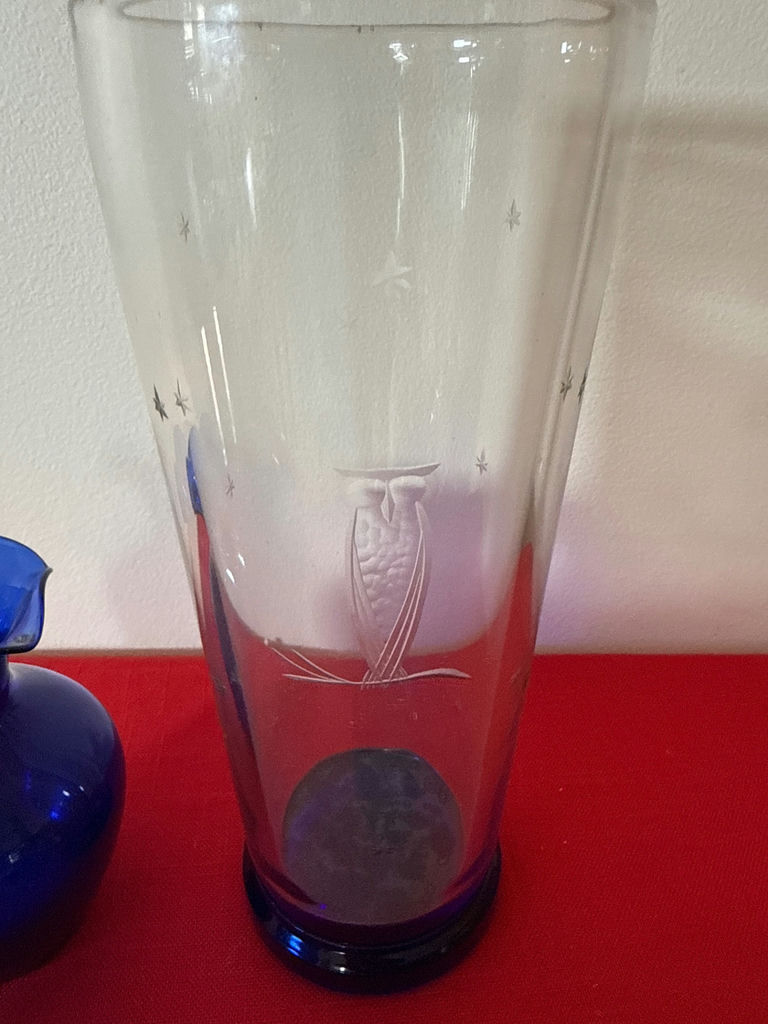 Blue Glass Vases and Tall Etched Hurricane pilsner goass - image 3 of 3