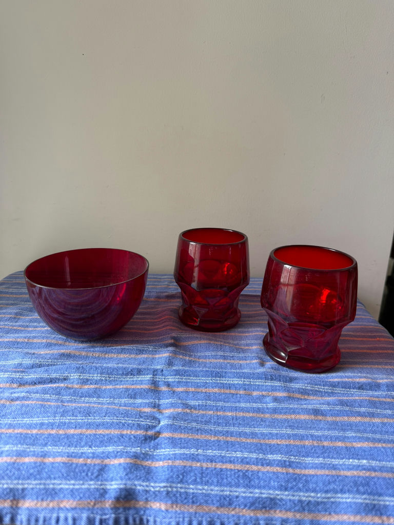 Red glass bowl and two red glass tumblers - image 1 of 4