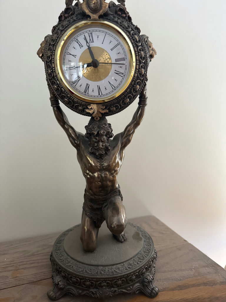 Atlas Titan Bronze clock held aloft by muscular statue - image 2 of 3