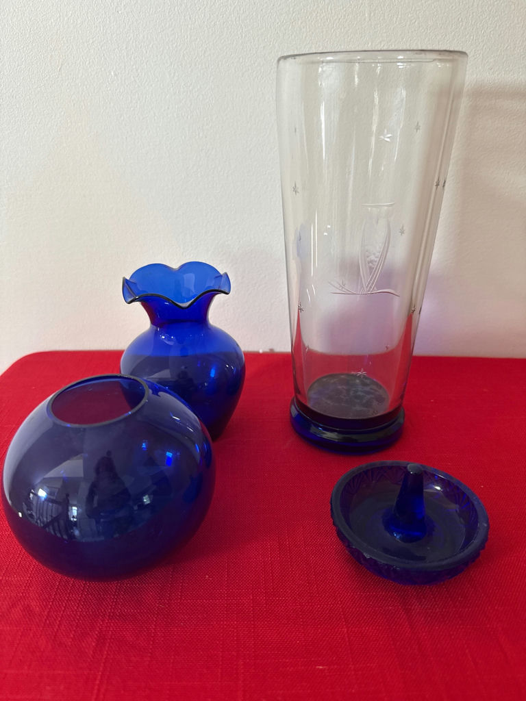 Blue Glass Vases and Tall Etched Hurricane pilsner goass - image 2 of 3