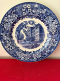 Blue and white decorative plate with Clark University Worcester town scene and floral border - thumbnail 1 of 3