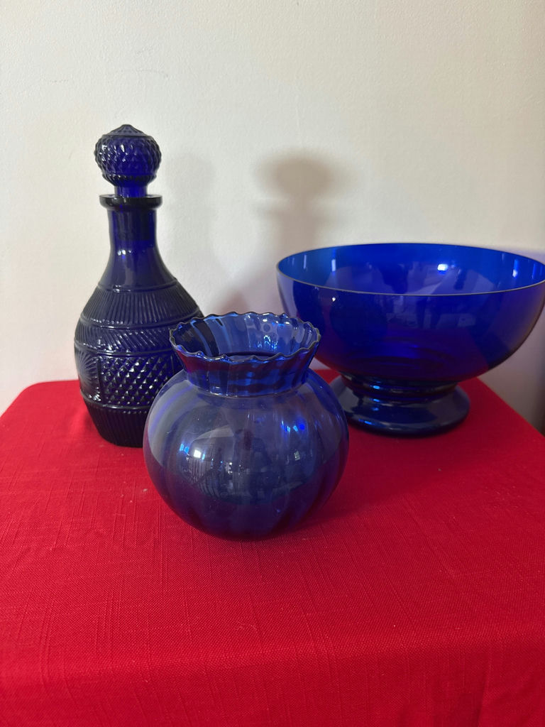 Cobalt blue glass decanter, vase, and bowl - image 2 of 2