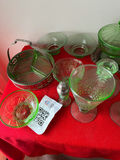 Green glassware collection with lidded dish and metal basket - thumbnail 1 of 5