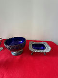 Ornate silver-tone salt and pepper shakers with cobalt blue glass bowl and frame - thumbnail 5 of 5