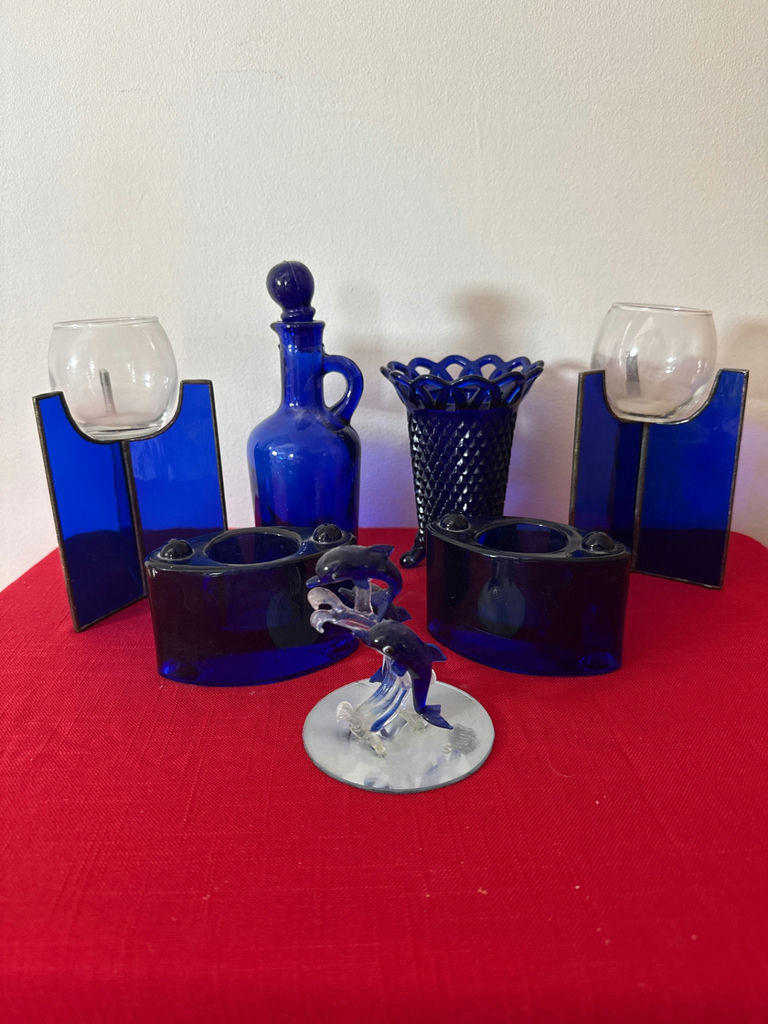 Cobalt blue and blue glassware collection with decorative sculpture - image 2 of 4