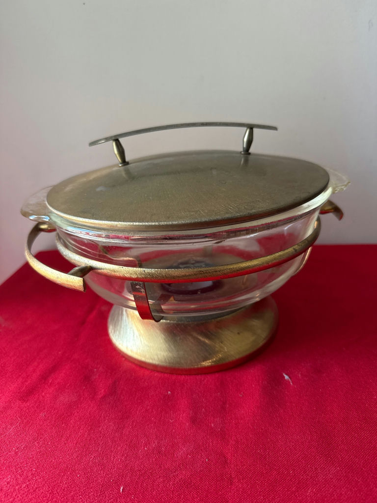 Vintage glass fondue pot with metal lid and brass base - image 1 of 1