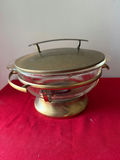 Vintage glass fondue pot with metal lid and brass base - thumbnail 1 of 1