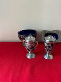 Ornate silver-tone salt and pepper shakers with cobalt blue glass bowl and frame - thumbnail 1 of 5
