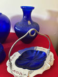 Blue Glass Vases, Rabbit Figurine, and Leaf Dish on Stand - thumbnail 2 of 3