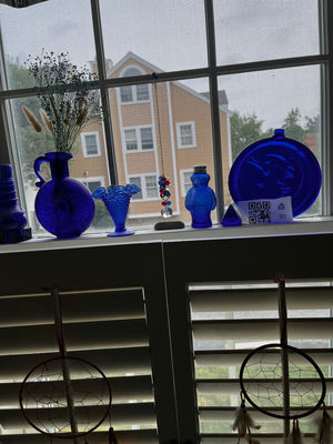 Cobalt blue glass vases and plate with hanging dreamcatchers - Image 1 of 4