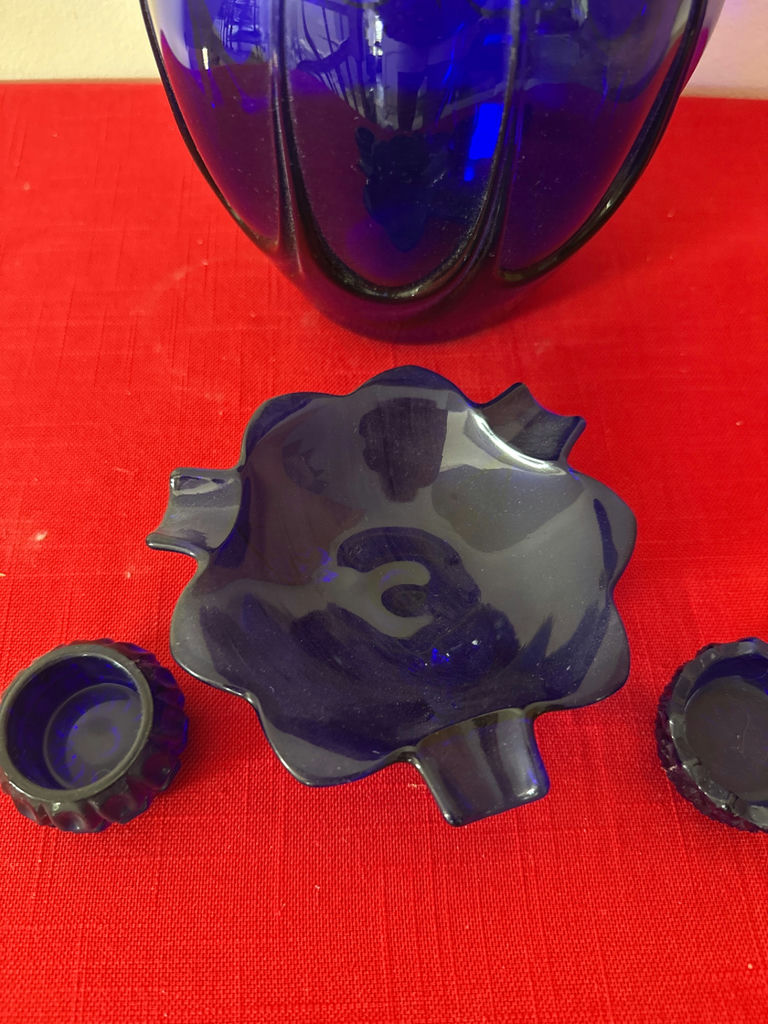 Cobalt Blue Glass Vase with Metal Handles, Leaf-Shaped Dish, and Small Jars - image 3 of 3
