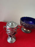 Ornate silver-tone salt and pepper shakers with cobalt blue glass bowl and frame - thumbnail 4 of 5
