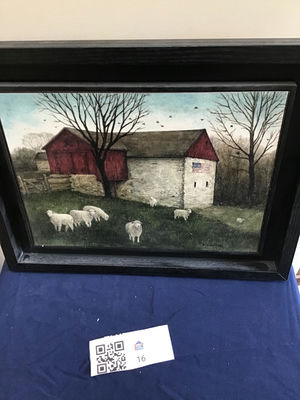 Framed farmyard scene with barn and sheep 18x14 - Image 1 of 2