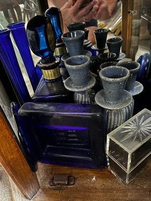Cobalt blue glassware with candlesticks and a clear etched box - Image 1 of 2