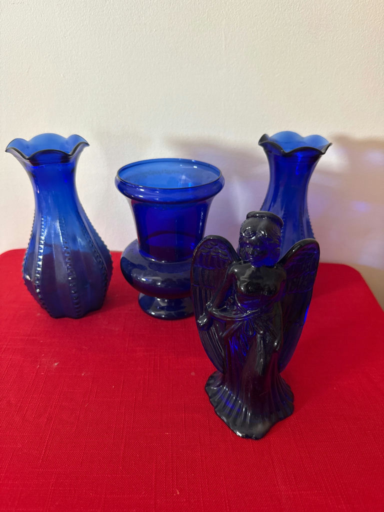 Cobalt Blue Glass Vases and Angel Figurine - image 1 of 2