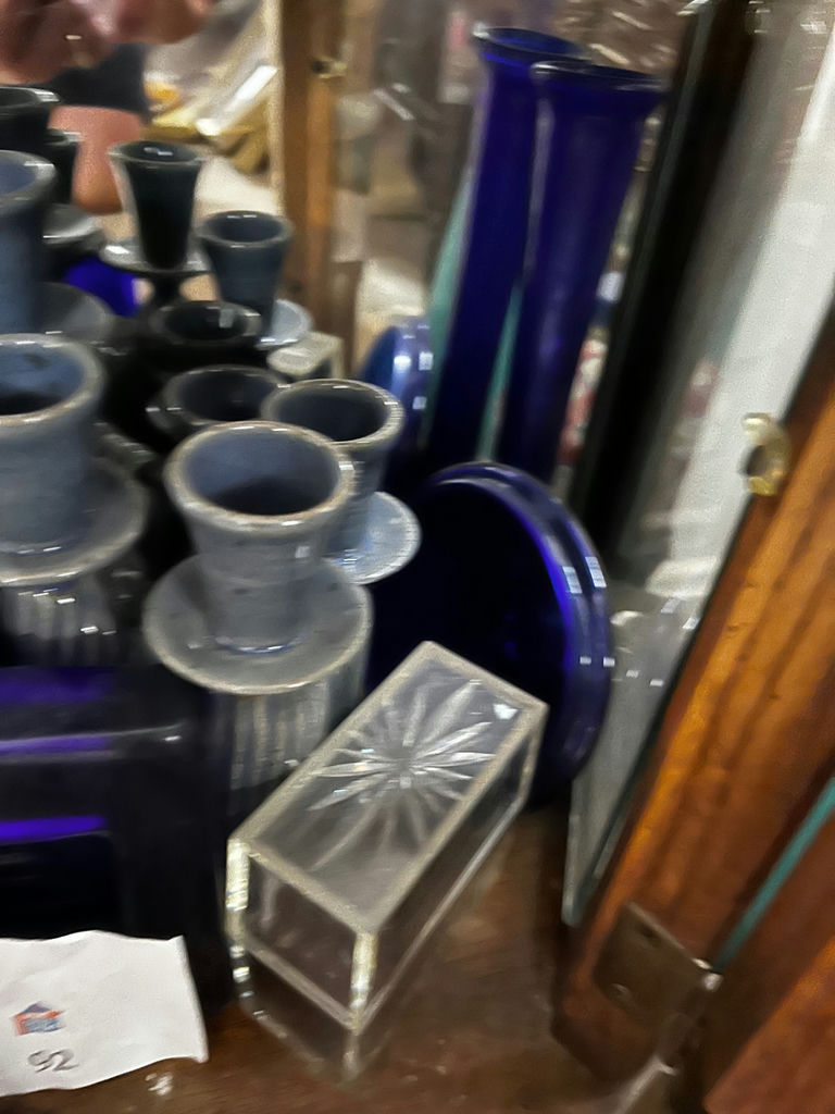 Cobalt blue glassware with candlesticks and a clear etched box - image 2 of 2