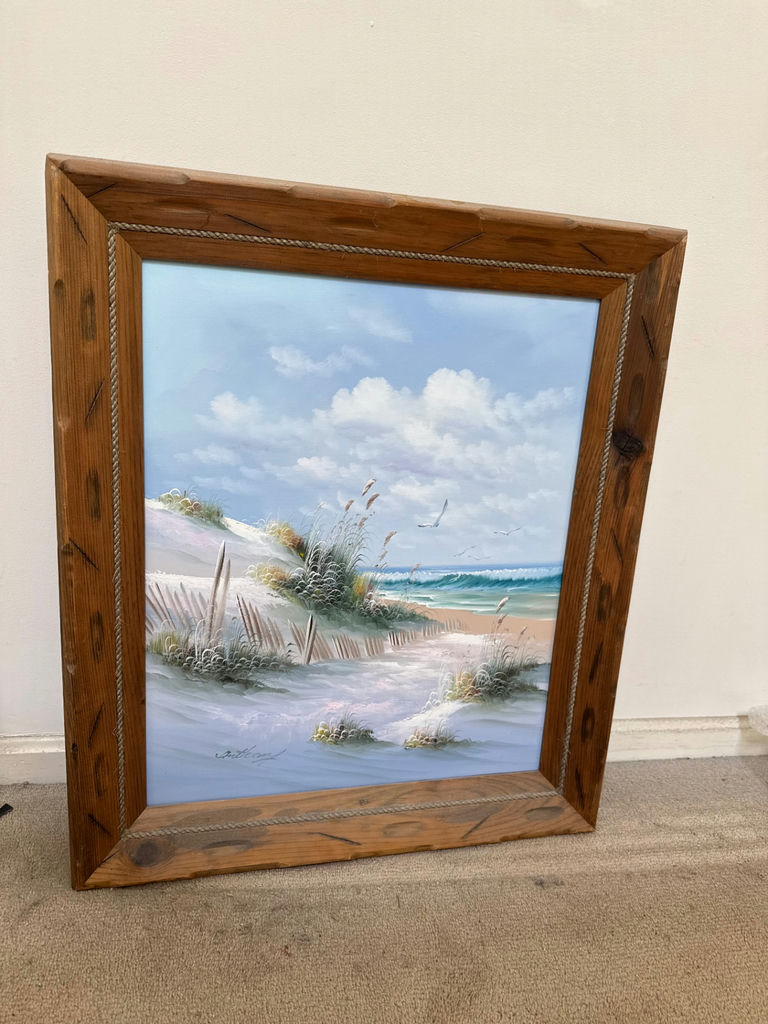 Coastal beach landscape painting in a wood frame - image 1 of 6
