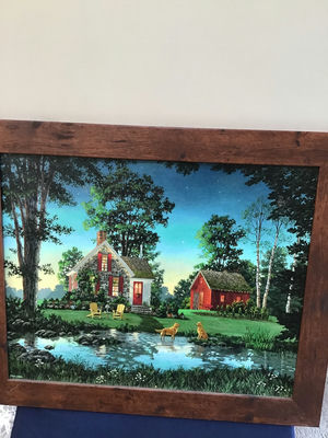23.5x19.5 Framed landscape painting with cottage, barn, pond and dogs - Image 1 of 2