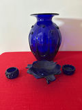 Cobalt Blue Glass Vase with Metal Handles, Leaf-Shaped Dish, and Small Jars - thumbnail 2 of 3