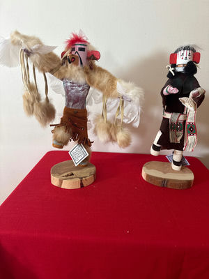 Kachina-style carved dolls with feather decorations - Image 1 of 4