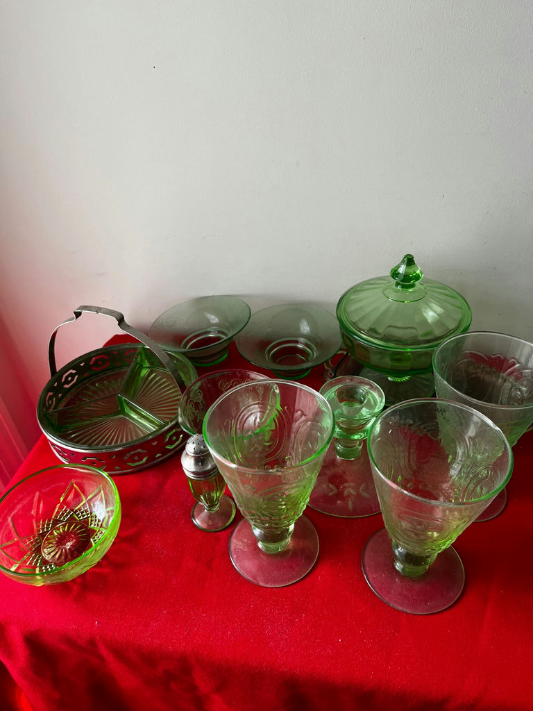 Green glassware collection with lidded dish and metal basket - image 2 of 5