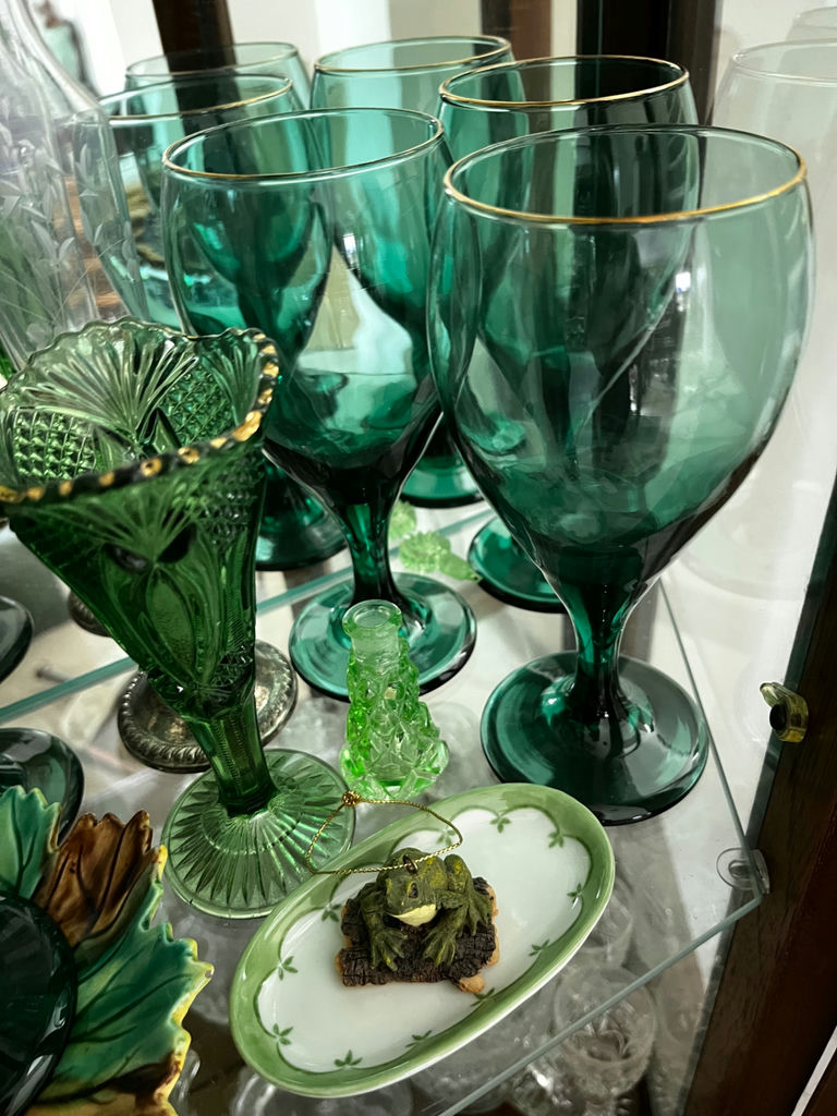 Emerald green glassware collection (goblets, decanter, vase, and decorative dish) - image 2 of 2