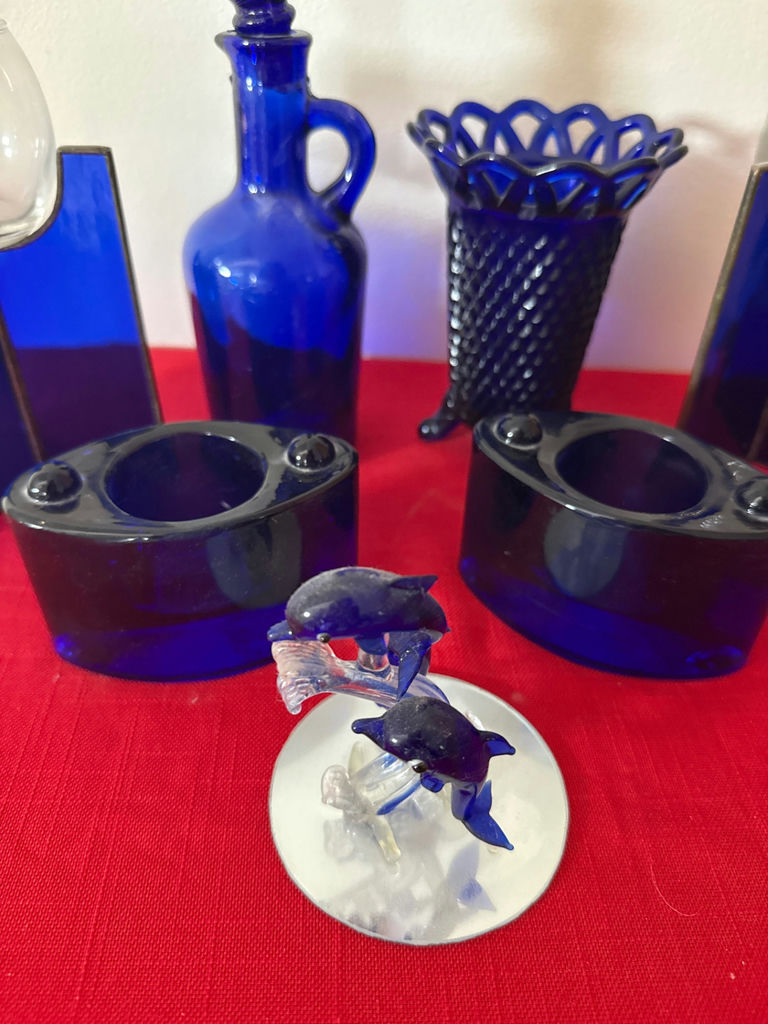Cobalt blue and blue glassware collection with decorative sculpture - image 3 of 4