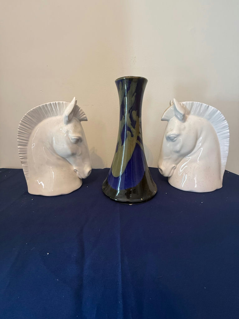 Pair of horse head ceramic busts with a tall glazed vase - image 1 of 5