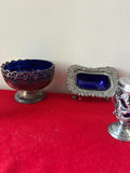 Ornate silver-tone salt and pepper shakers with cobalt blue glass bowl and frame - thumbnail 3 of 5