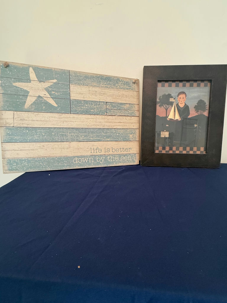 Coastal decor: wooden sign and framed print - image 1 of 3
